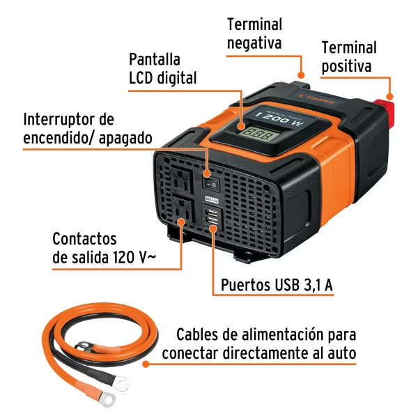 Inversor De Corriente De 1200 Wats Con Puertos USB Truper - Image 4