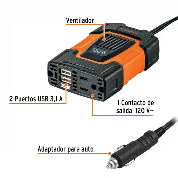 Inversor De Corriente De 120 W Con Puertos USB, Truper - Image 2