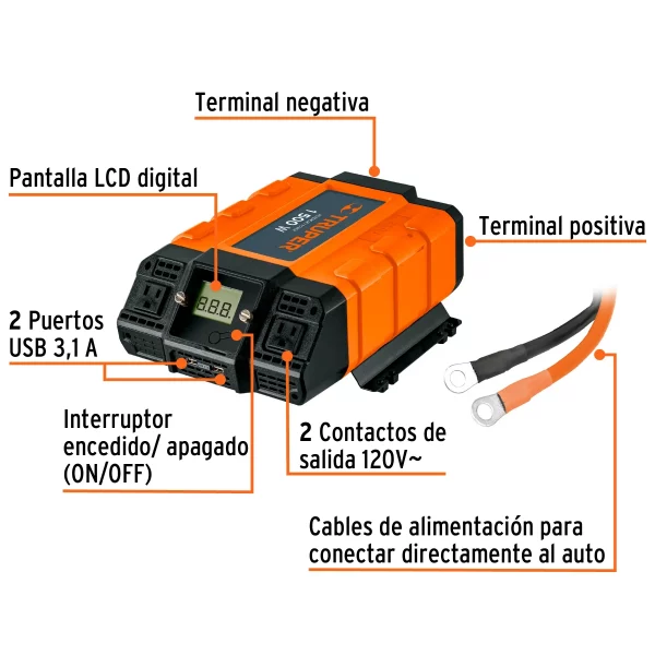 Inversor De Corriente De 1500 Wats Con Puerto USB, Truper - Image 4