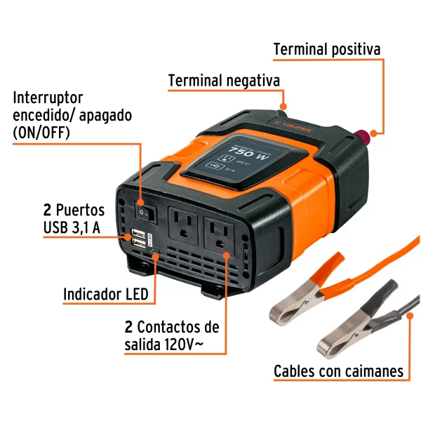 Inversor De Corriente De 750 W Con Puertos Usb, Truper - Image 4