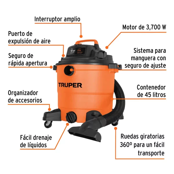 Aspiradora De Sólidos Y Líquidos De 12 Gal, Plástica, Truper - Image 4