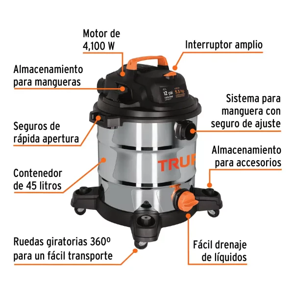 Aspiradora De Sólidos Y Líquidos De 12 Gal En Acero Inox - Image 4