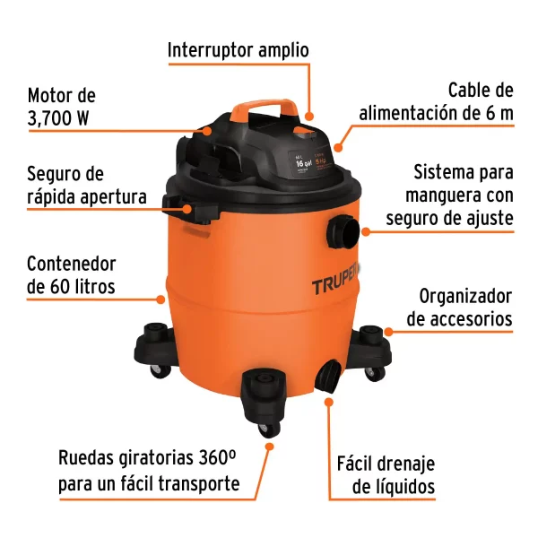 Aspiradora De Sólidos Y Líquidos De 16 Gal, Plástica, Truper - Image 4