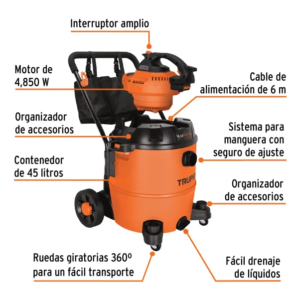 Aspiradora/Sopladora Plástica 16gal Sólidos-Líquidos, Truper - Image 4