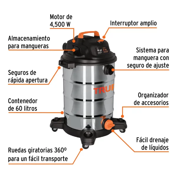 Aspiradora De 16gal En Acero Inox, Sólidos-Líquidos, Truper - Image 4