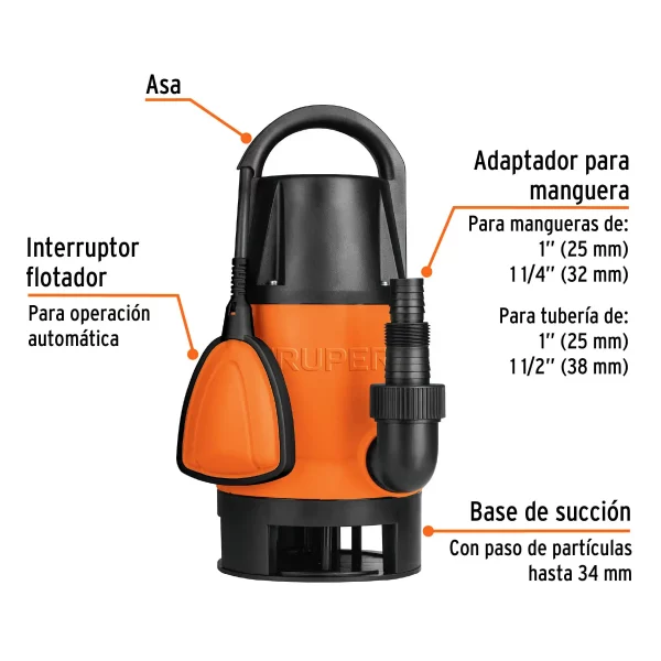 Bomba Sumergible Plástica, 1-1/2 HP Para Agua Sucia, Truper - Image 4