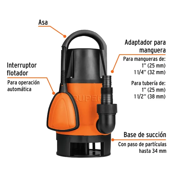 Bomba Sumergible Plástica, 1 HP Para Agua Sucia, Truper - Image 4