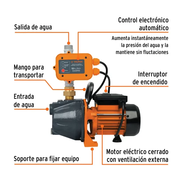 Bomba Presurizadora Jet Hierro 1 HP Con Control, Truper - Image 7